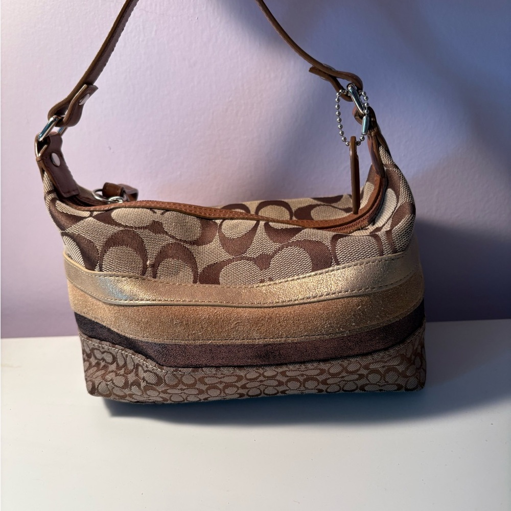 Coach Gold, Tan & Brown Signature Stripe Shoulder Bag